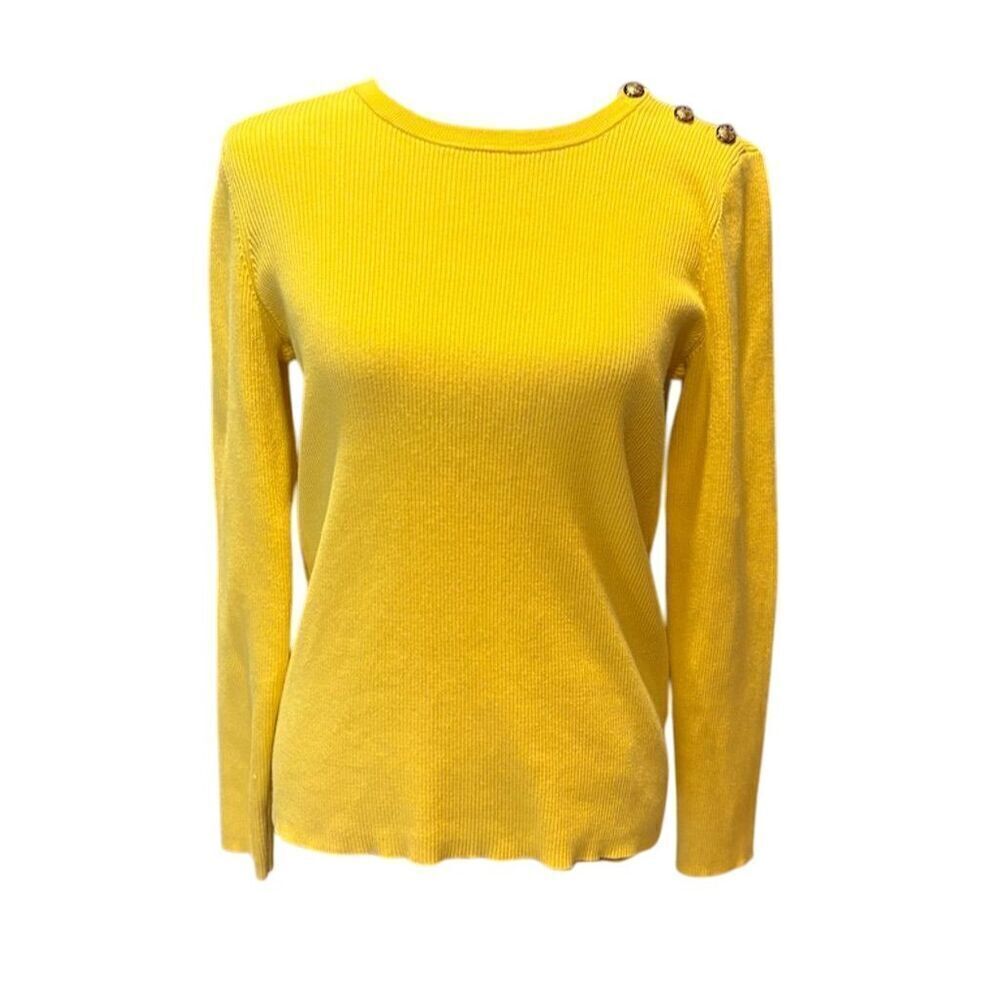 Lauren Ralph Lauren Women's Yellow Ribbed Crewneck Sweater L Gold Buttons
